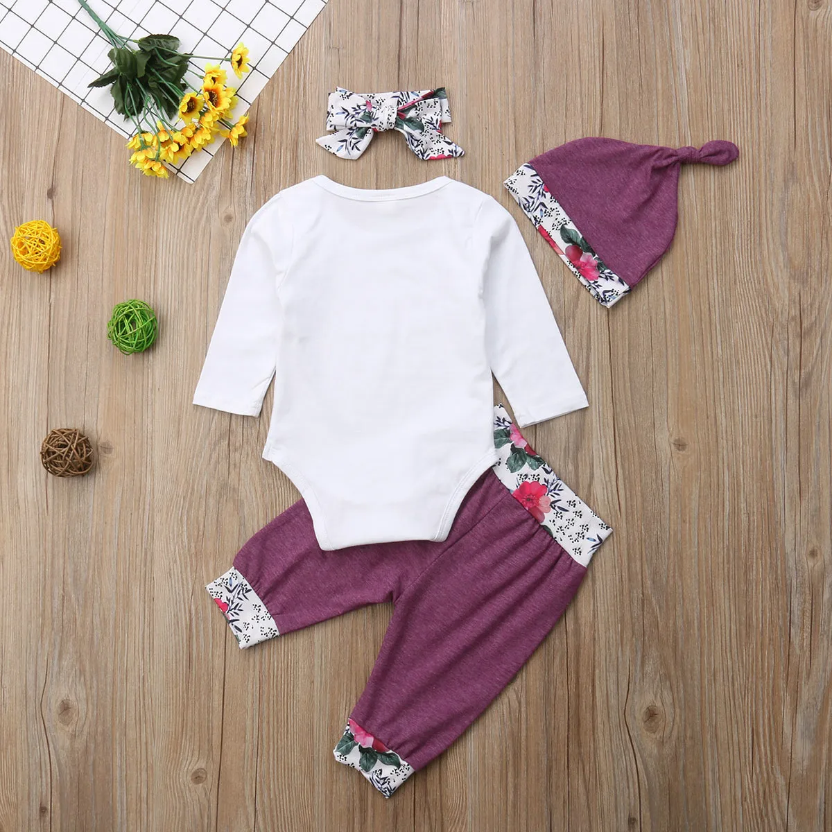 4 шт. Pudcoco новорожденных девочек цветочный длинный рукав боди комбинезон брюки