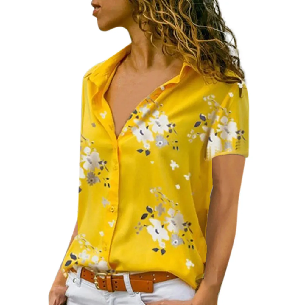 Цвет: желтый Plus Size Womens Tops And Blouses Vintage Print Blouse Women Tunic Summer Ladies Tops For Women Korean Fashion Clothing - Цвет: Цвет: желтый