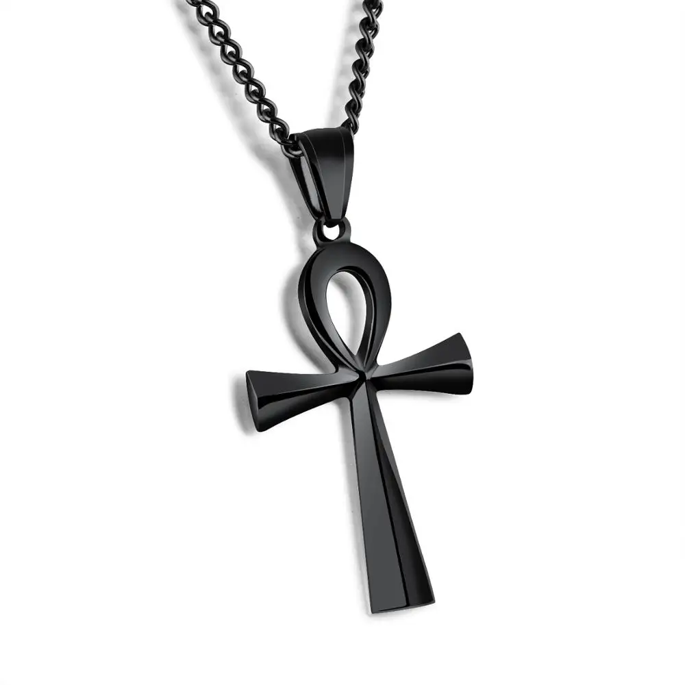 Black - 44mm Значение "Жизнь" Египетский Анкх Кулоны ожерелье из нержавеющей стали иероглиф ювелирные изделия с 2" цепь-серебро, золото, черный - Окраска металла: Black - 44mm