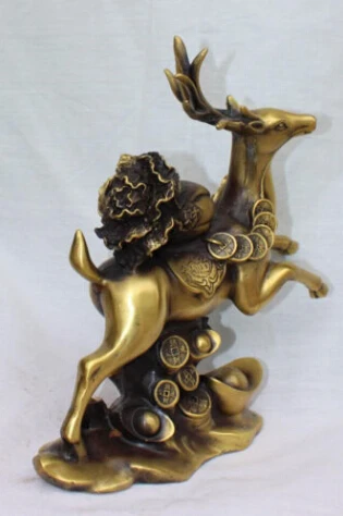 WBY JP S0064 11" Chinese Bronze Wealth YuanBao Money Baicai On Deer Animal Foo Fu States | Дом и сад