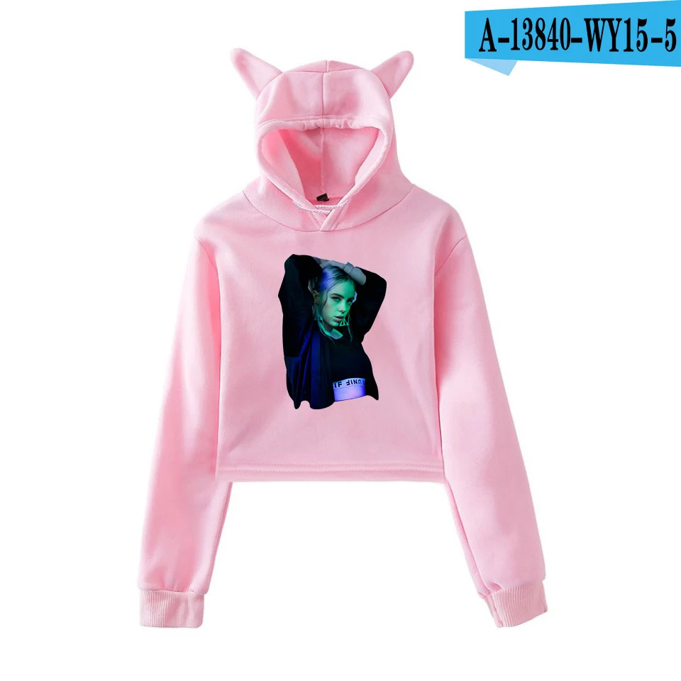 Billie Eilish Толстовка Harajuku милый кот Негабаритных Толстовки Кофты Розовый женский хит-хоп толстовка летняя укороченная верхняя одежда - Цвет: Светло-желтый