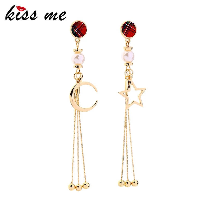 Женские серьги-гвоздики с жемчугом и Луной KISS ME двойные Подарочные Длинные