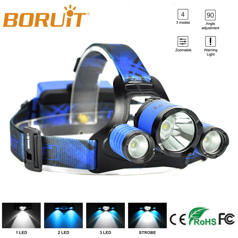 Налобный фонарь BORUIT B22 перезаряжаемый масштабируемый XM L2 + 2 * XPE синий