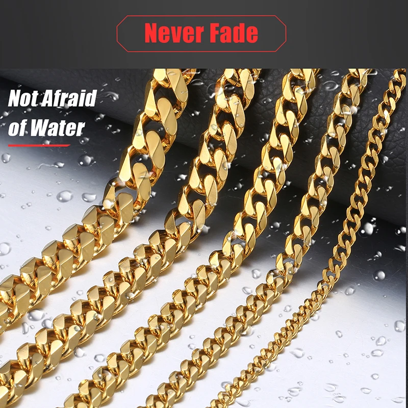 3/5/7/9/11mm 24&quot Men's Necklace 5Pcs/Lot Stainless Steel Cuban Link Chain Gold Color for Men Wholesale Jewelry KNM08A | Украшения и