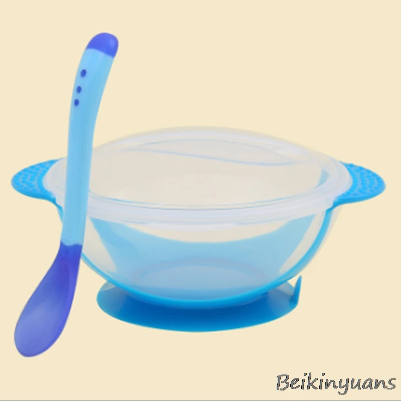 Blue spoon bowl Посуда для кормления ребенка на присоске, миска, Индукционная температура, ложка детские столовые приборы, детское питание, посуда для кормления ребенка - Цвет: Blue spoon bowl