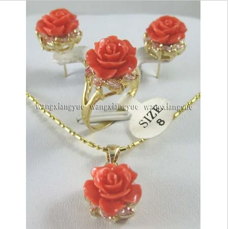 

12MM Pink Coral Carved Flower Earrings Ring Necklace Pendant set ^^^@^NEW style Fine jewe Noble Natural Natural FREE SHIPPING