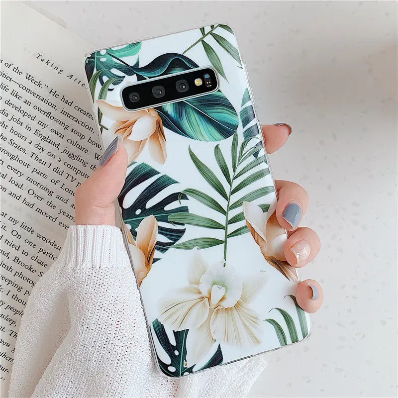 Style 1 Чехол FLYKYLIN Art Leaf Flower для Samsung Galaxy S8 S9 S10 Plus S10e задняя крышка на IMD силиконовый чехол для телефона с подставкой - Цвет: Style 1