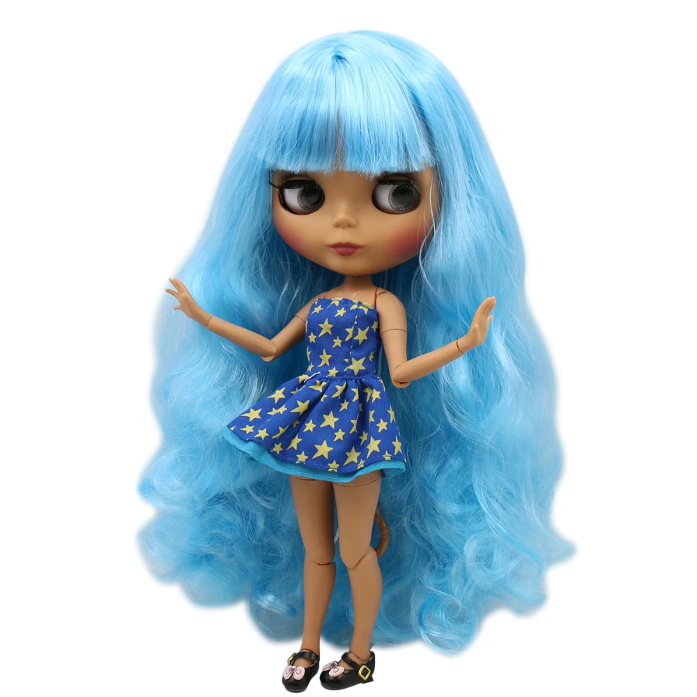 Ледяной DBS Blyth кукла 1/6 bjd совместное тело темная кожа матовое лицо синие волосы 30
