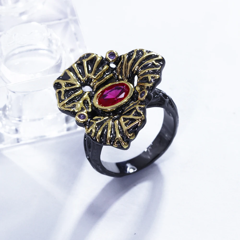 Винтажное кольцо с черным листом круглым красным и фиолетовым фианитом|leaf ring|finger