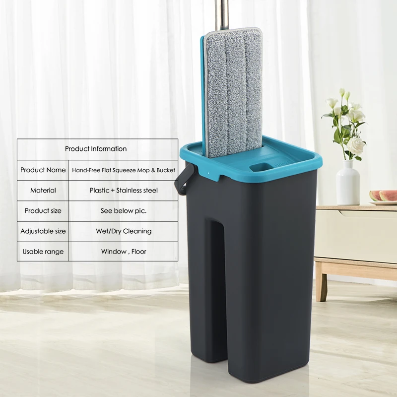 Flat Squeeze Mop and Bucket Hand Free Wringing Floor Cleaning Mop Microfiber Mop Pads Wet or Dry Usage on Hardwood Laminate Tile