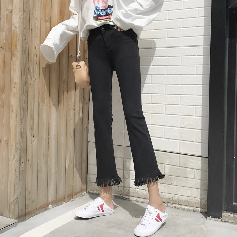 Womens Trousers Flare Tassel Embllished Harajuku Calca Black Denim Jeans Feminina Stretchy Ropa Verano Mujer Ulzzang Pants |