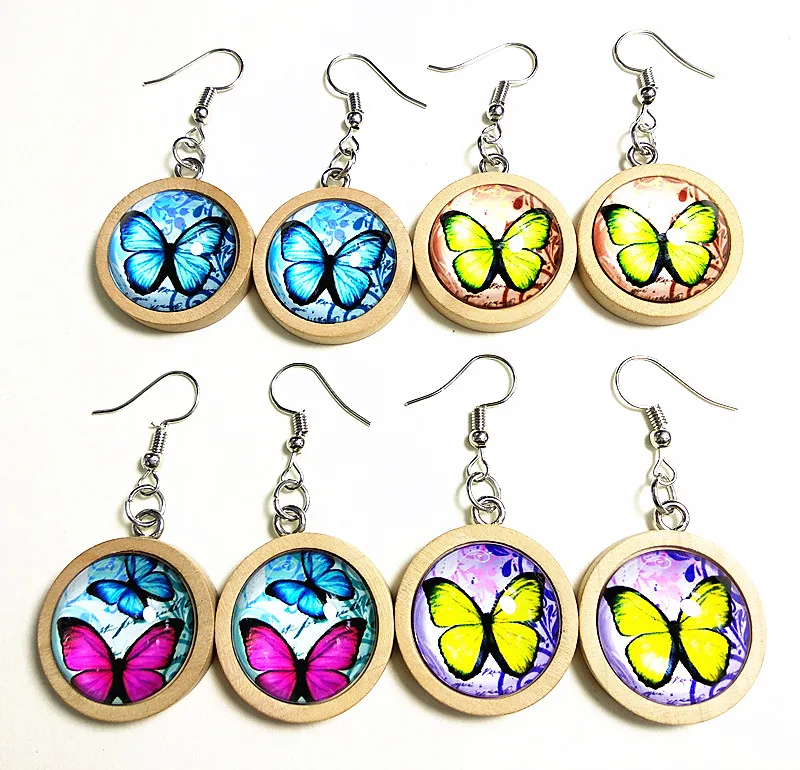 

24pairs/lot Cartoon Color Butterfly earrings Wood Tray Cabochon Glass Cabochon Drop Earrings for girl party gift