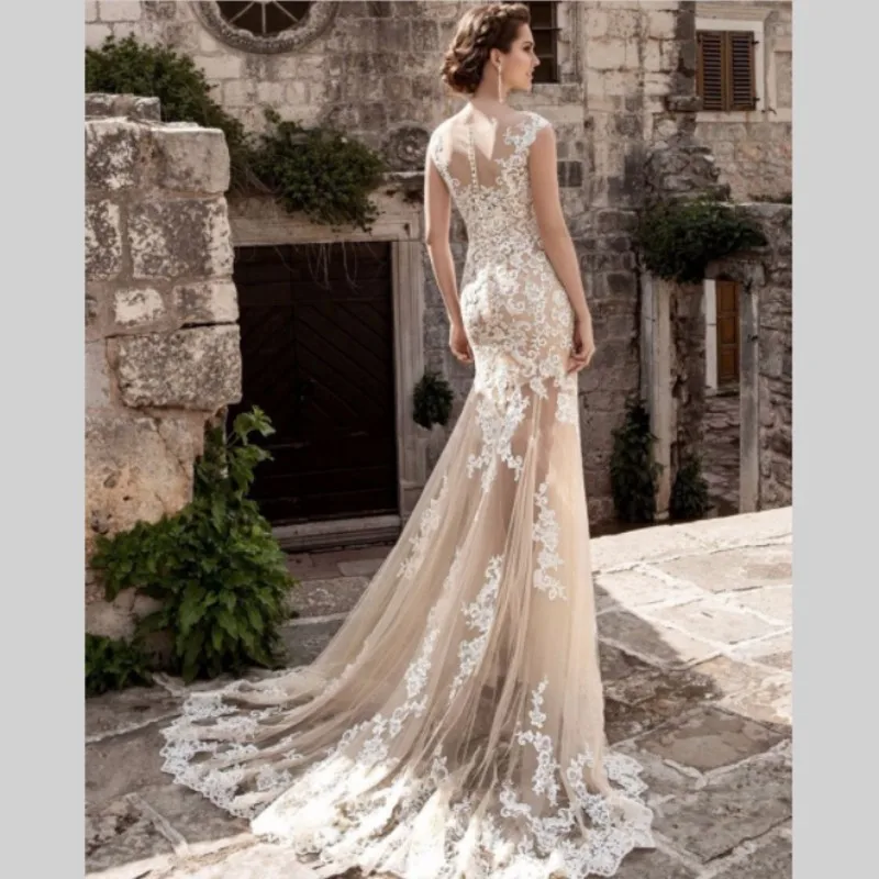 Vestido Де Noiva 2017 Vintage Шампанское Кружева Свадебное Платье Сексуальная Тюль