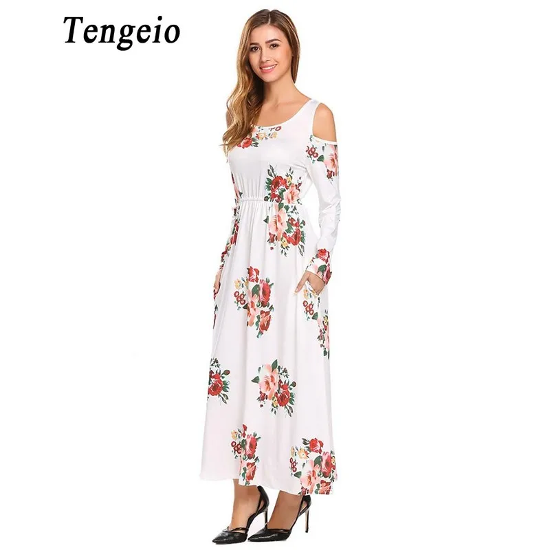 Tengeio Для женщин зима шею Cold Shoulder Dress Повседневное с длинным рукавом цветочным