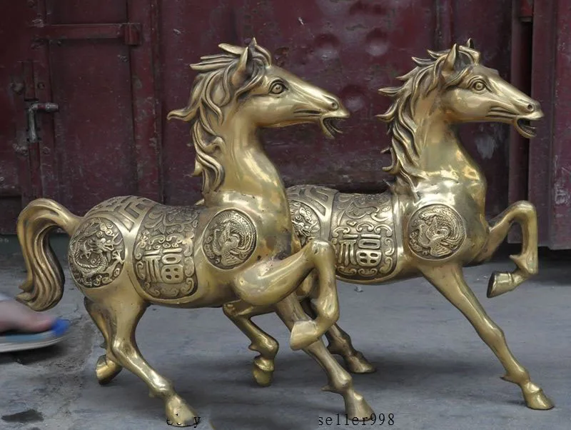 

Christmas 15"Chinese fengshui Brass Auspicious Success Dragon Phoenix Horse Animal Statue Halloween