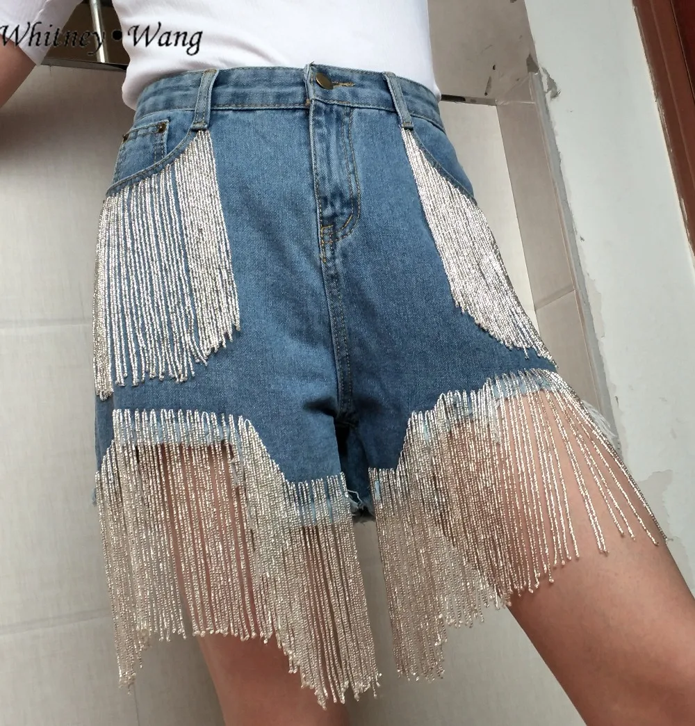 Женские джинсовые шорты WHITNEY WANG рваные с многослойной отделкой бисером и