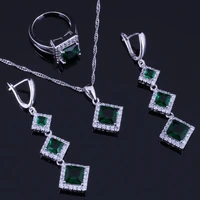 glowing square green cubic zirconia white cz silver plated jewelry sets earrings pendant chain ring v0261