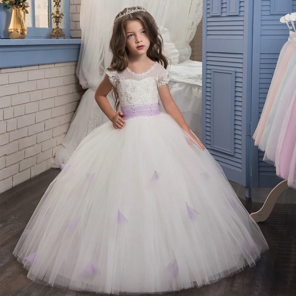 New Long Lace  Crystal Ball Gown Flower Girls Dresses Simple Kids Wedding Party Dress First Communion Dresses For Girls