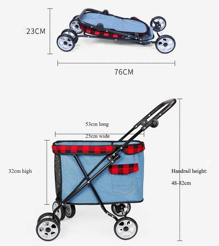 

Outdoor Pet Cart Dog Cat Carrier Pet Stroller Denim Adjustable height 4-wheels One-key Folding