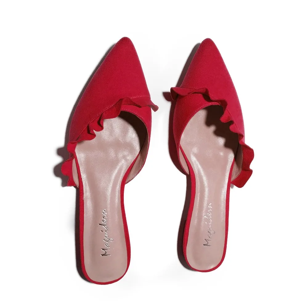 Модные женские босоножки без задника с оборками на плоской подошве