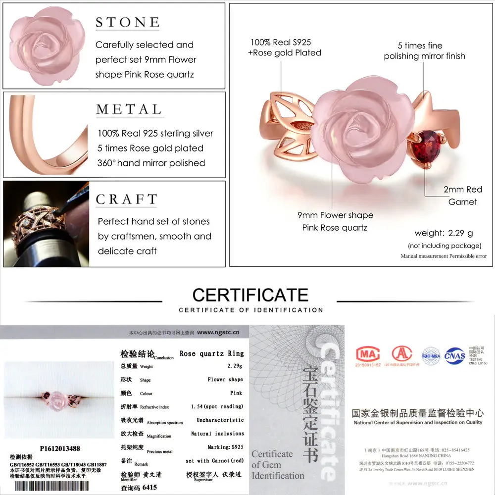 Fine Jewelry 100% Silver Rings For Women Rose Quartz Natural Gemstone Flower Pink Romantic Cute Wedding Ring CCRI025 | Украшения и