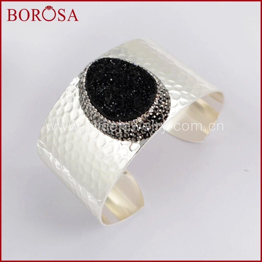 

BOROSA 3/5pcs Black Druzy Bangles for Women Gold/Silver Color Natural Stones Bangle Bracelet Gems Jewelry JAB932