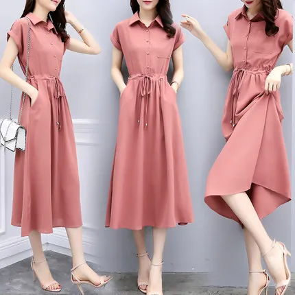 Платье-рубашка с коротким рукавом модель 2019 года корейские летние длинные платья