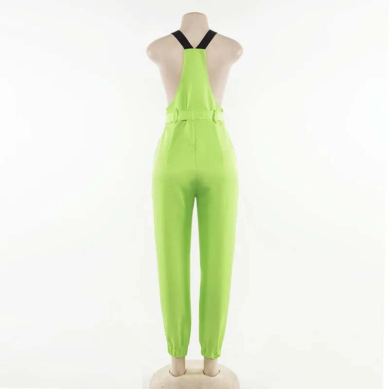 

neon green streetwear buckle chain dungarees peto mujer salopette femme ogrodniczki Fashion woman neon jumpsuit one piece