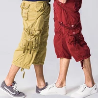 42 40 plus size fashion multi pocket cotton loose capri pants men long cargo shorts baggy 34 pant red khaki olive green grey