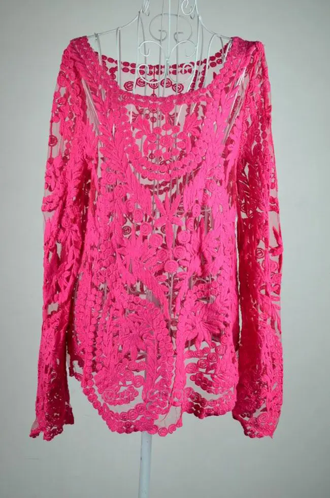 Blusas Femininas, женская сексуальная Кружевная блуза с длинным рукавом, топы, модные Ажурные вязаные топы