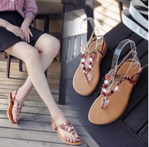 New seaside sandals for women in 2019 Summer Water Drill Ethnic Wind Bohemia Beach Shoes Pinch Foot Flat Bottom Roman Baitie | Обувь
