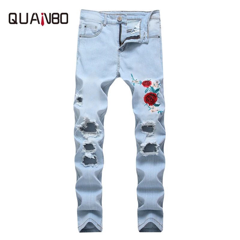 QUANBO, 8 цветов, мужские рваные джинсы,, новая мода, вышивка розы, мужские джинсы, светильник, синий, облегающие штаны-карандаш стрейч из денима, 42