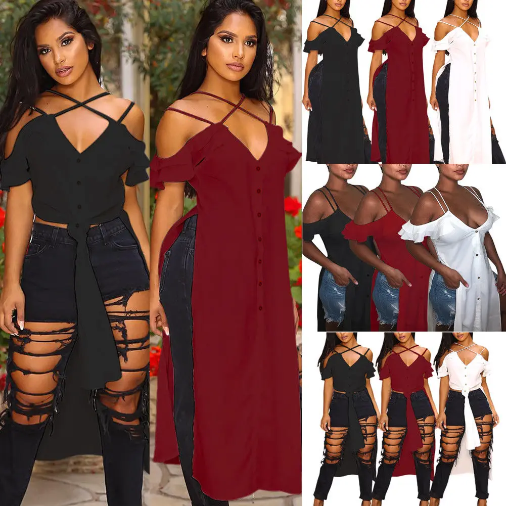 

S-2XL Sexy Womens Short Sleeve Asymmetrical Hem Ink Print Long Maxi Dress Kaftan Fashion female split loose long Button Dresses