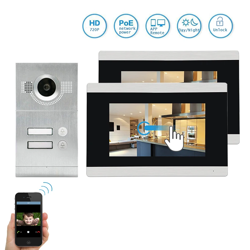 Бесплатная доставка 2 квартиры POE мощность 1.0MP IP 7 &quotсенсорный экран ЖК-видео