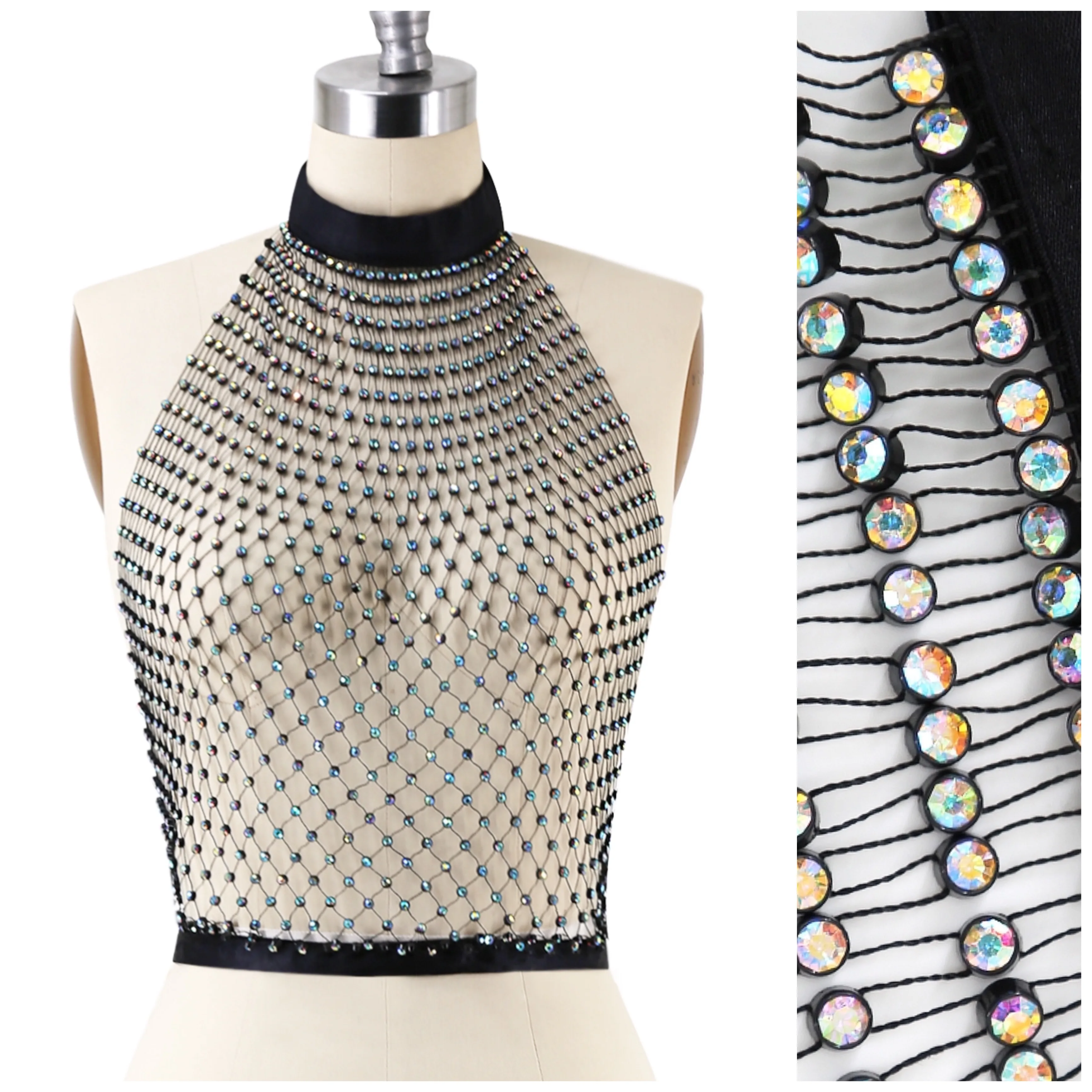 

Sexy Backless Women's Halter Tank Tops Colorful Crystals Zircons Plated Breast Accessories Camisole Mesh Top Beach Night Club