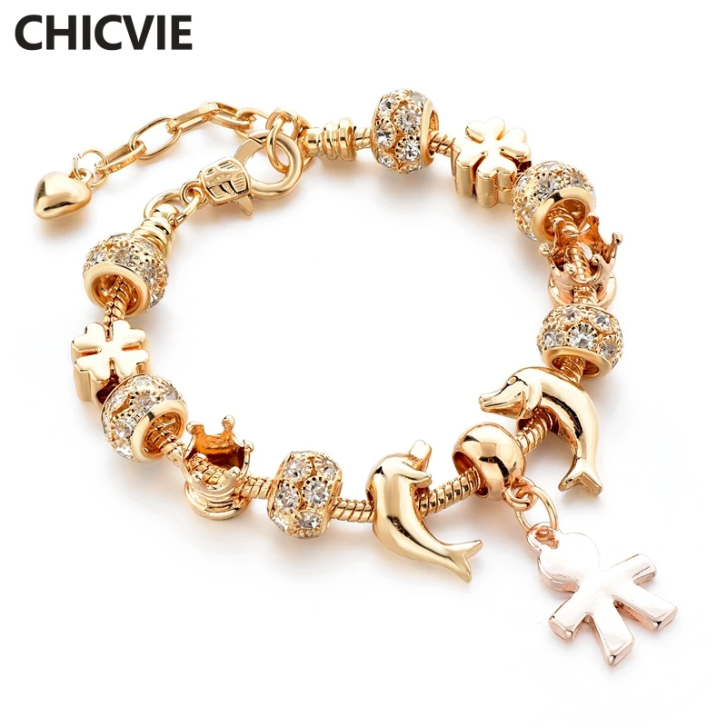 

CHICVIE Gold Dolphin&Boys Shape Crystal Bracelets&Bangles For Women Jewelry Bracelet Charm Handmade Crown DIY Bracelet SBR190152