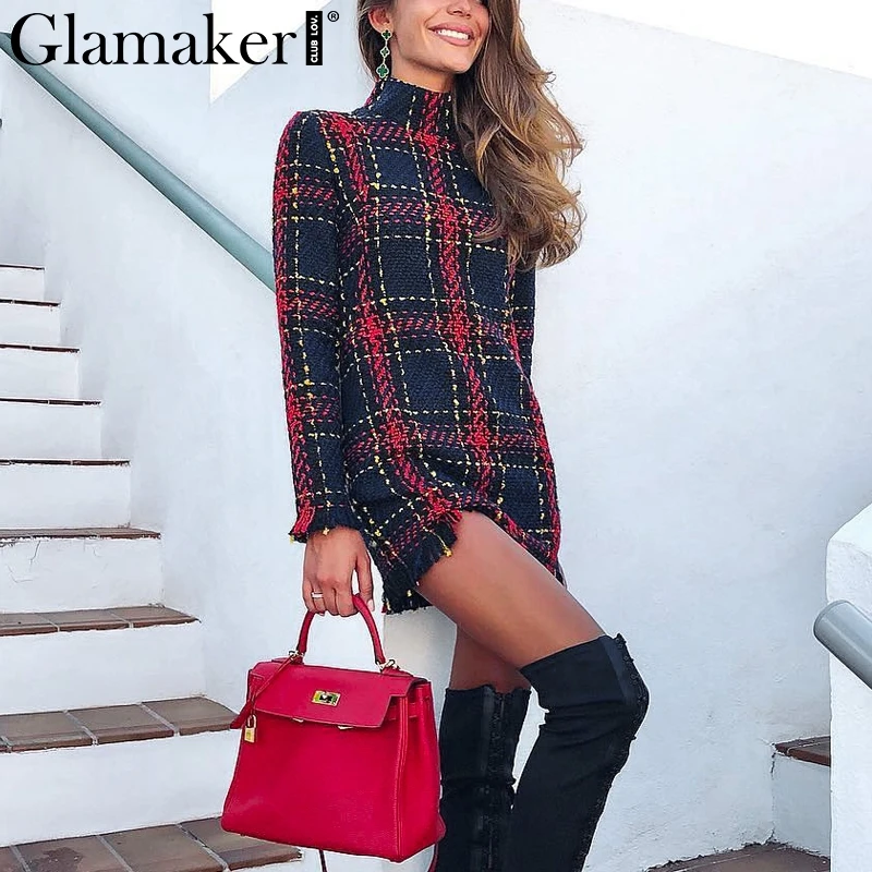Glamaker, клетчатое сексуальное зимнее теплое платье с кисточками, женское офисное короткое твидовое платье со стоячим воротником, элегантное женское модное платье vestidos
