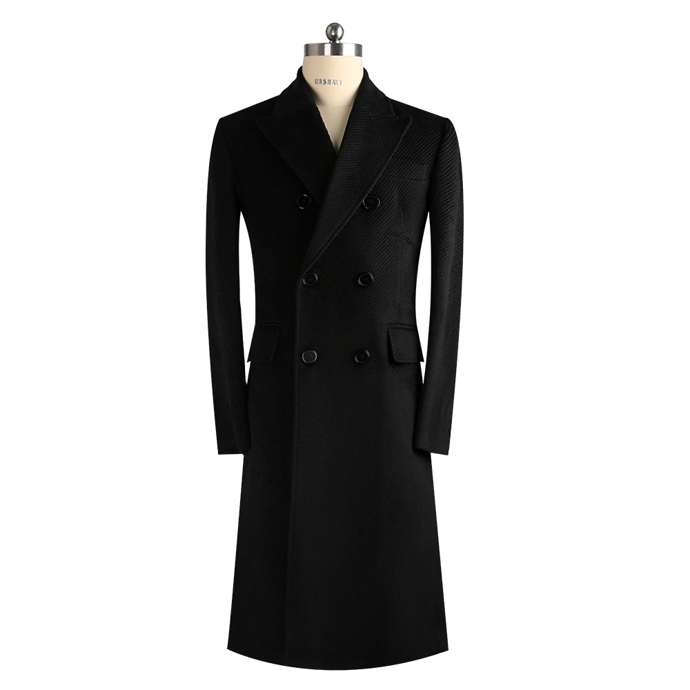 

URSMART Authentic long style double-breasted men's coat business casual black coat men's fashion long coat men
