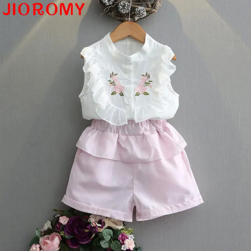 Шифоновая футболка и шорты для девочек с цветочной вышивкой|children clothing|clothing fashionsuit