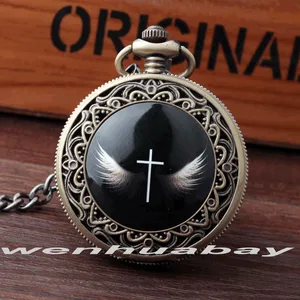 Винтаг Ретро Бронзовый резьба крест с крылом Божиим ангелом черные кварцевые карманные часы кулон цепочка ожерелье для женщин мужчин подарок