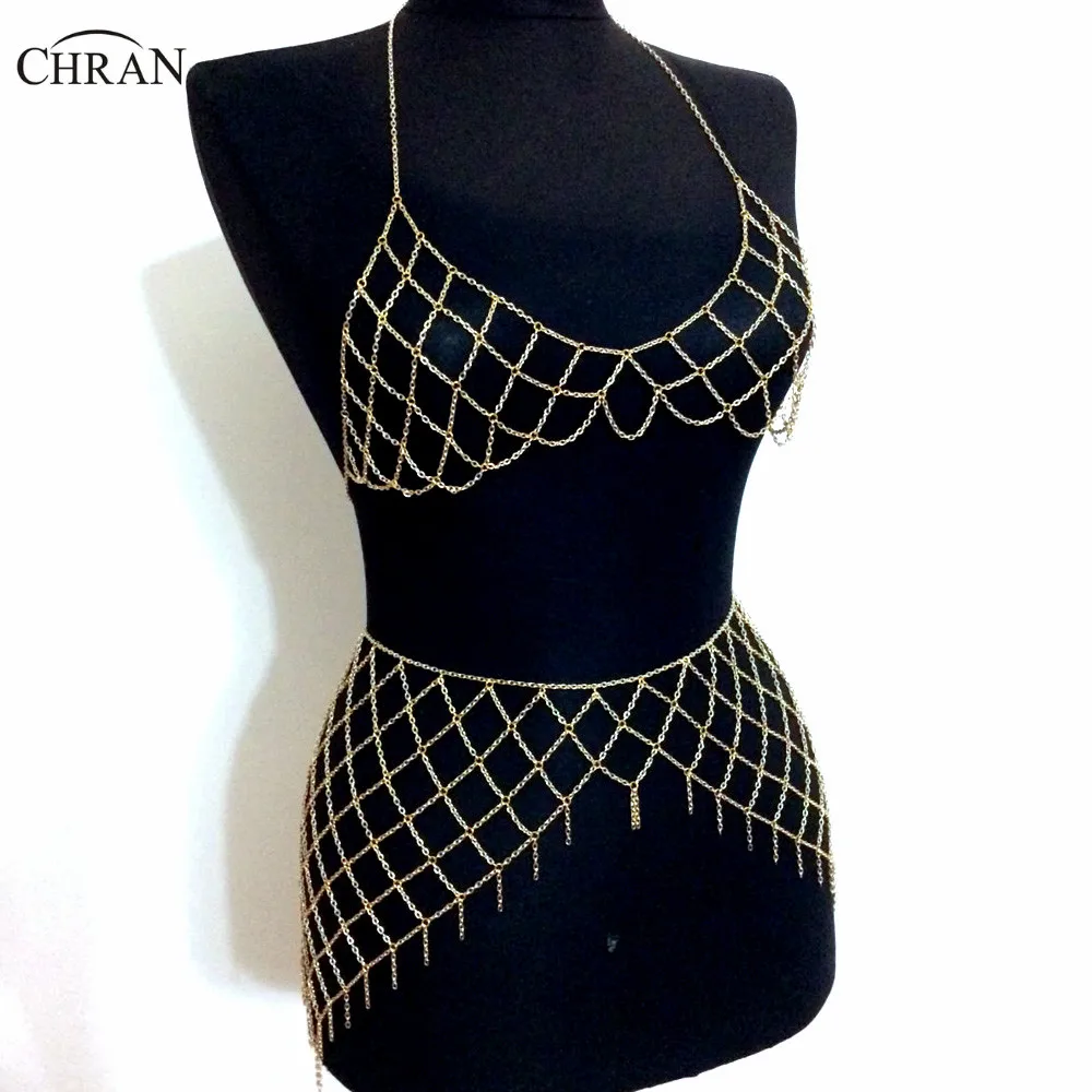 

Chran Ibiza Chain Bra Belly Waist Skirt Harness Necklace Women Beach Bralette Coachella Party Wear EDM Festival Jewelry CRBJ905