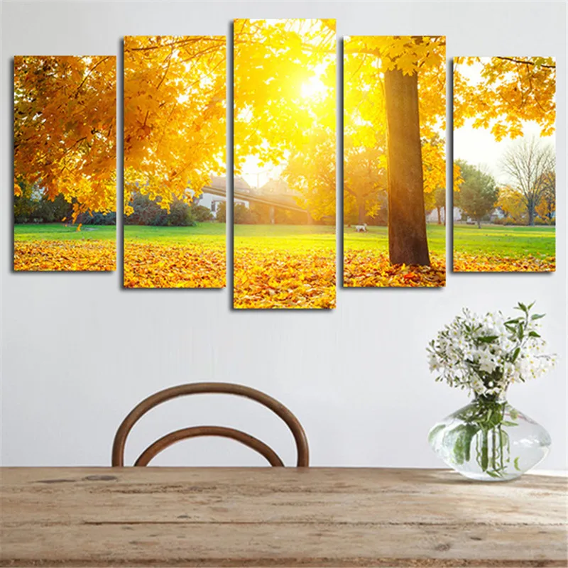 5 панелей без рамки осенние солнцезащитные блестящие листья Настенная картина на