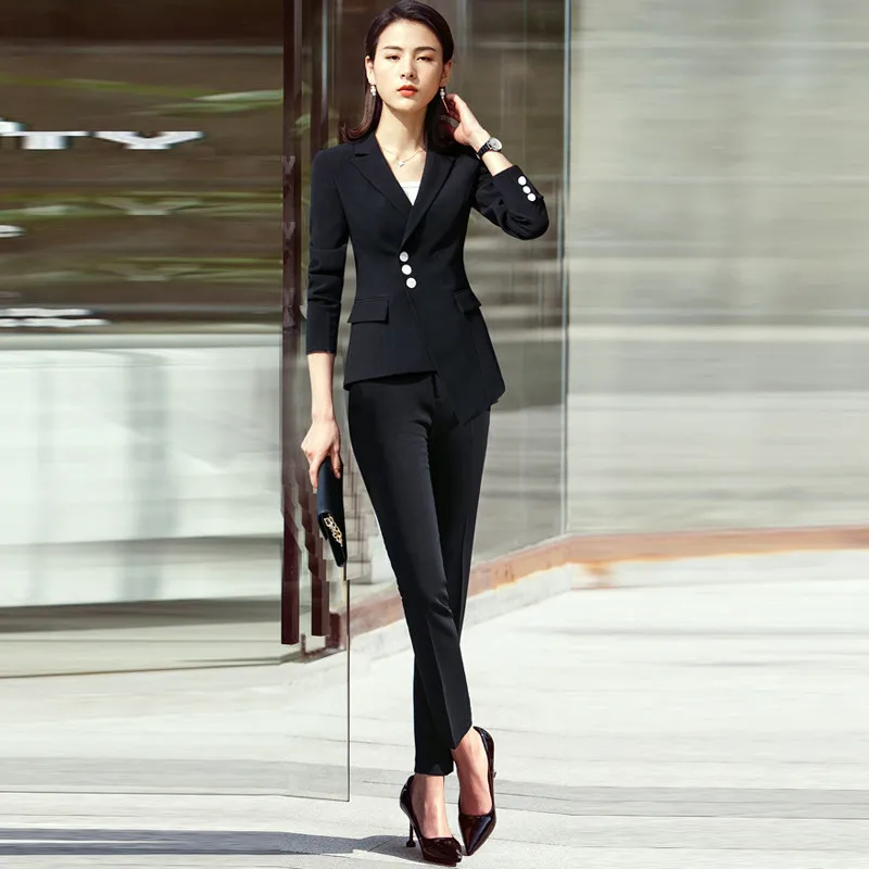 black pencil pants Элегантный осенний брючный костюм, официальный брючный костюм, женский деловой Блейзер, Женский офисный брючный костюм, асимметричная белая форма, B134 - Цвет: black pencil pants