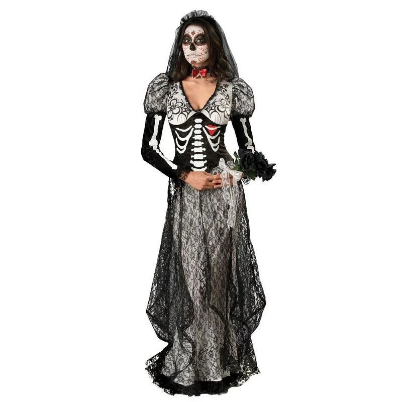 

Day of The Dead Black Skeleton Ghost Bride Costume Halloween Party Scary Vampire Demon Cosplay Fancy Dress