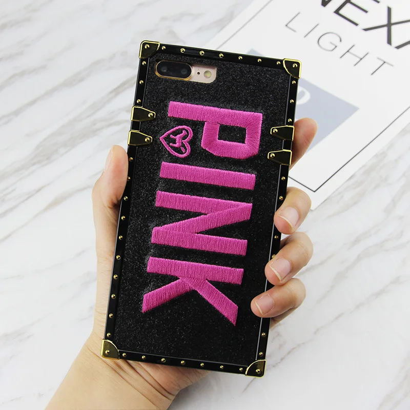 Brand PINK Case For Iphone XS Max X XR 7 8 Plus Square Samsung Galaxy S10 E S8 S9 Note 9 Bling Glitter Secret Cover |