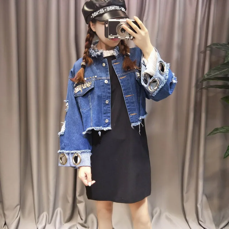 Ручной работы Бисер куртка рипы деталь Boyfriend Denim Куртка хип хоп Harajuku джинсовая