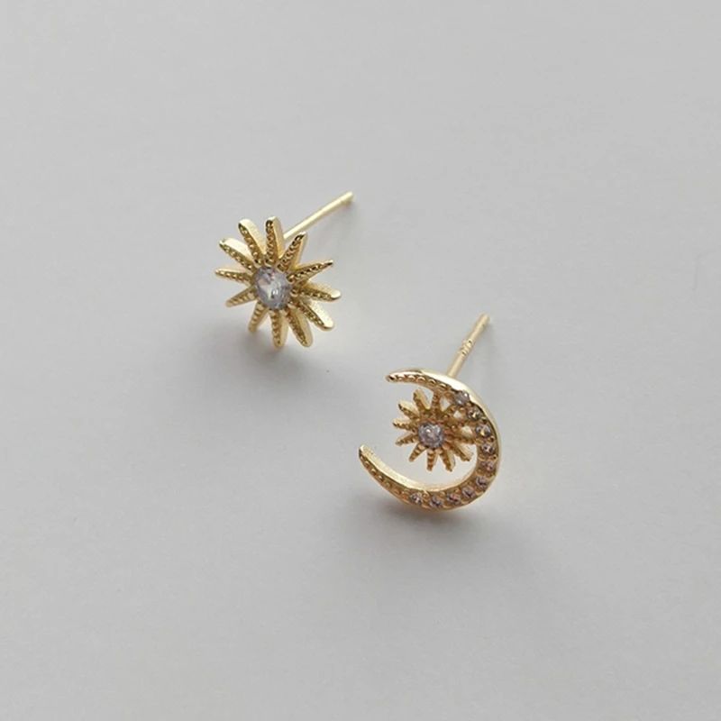 LouLeur sterling 925 silver moon star earrings Asymmetry mosaic zircon gold color stud for women jewelry 2018 | Украшения и
