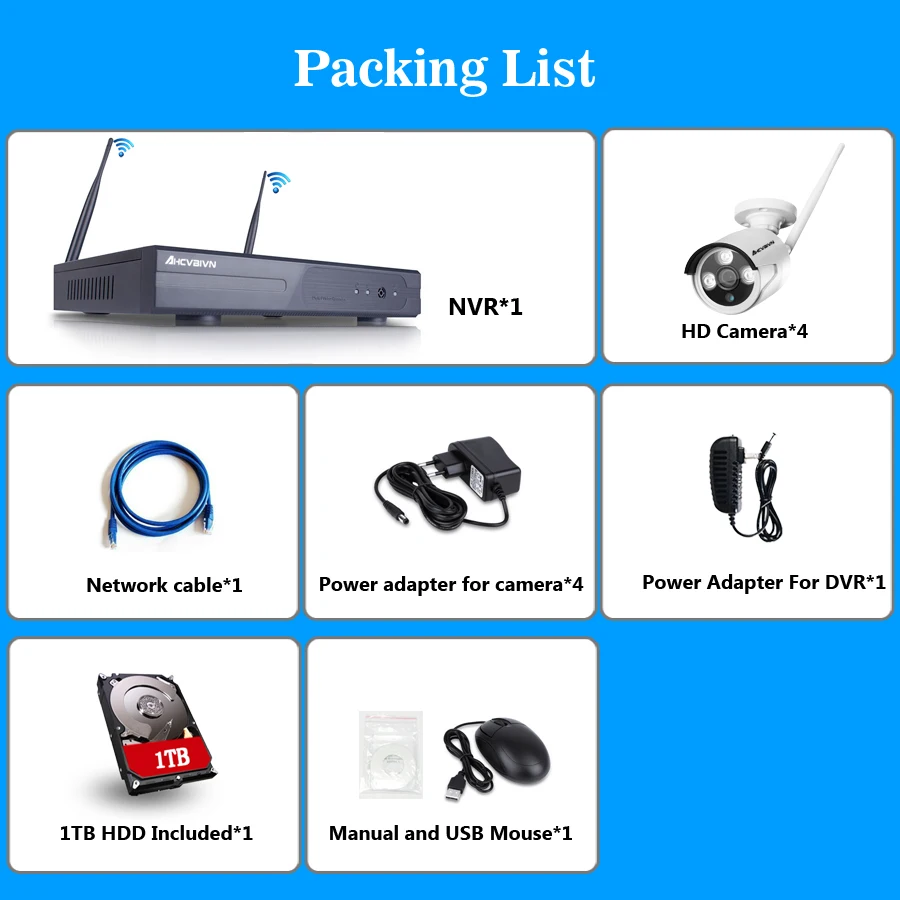 

AHCVBIVN 4CH 720P HD Outdoor IR Night Vision Video Surveillance Security 4pcs IP Camera WIFI CCTV System Wireless NVR Kit 1TB HD