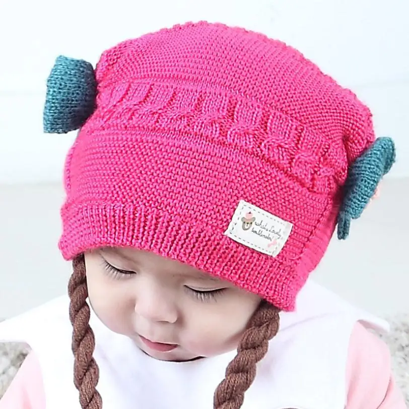 only hat rose Корейские детские вязаные шапки с накладными косами, зимние шапки с двумя цветами, комплект из 2 предметов, шарф и шапка для маленьких девочек, возраст от 6 месяцев до 2 лет, MZ4188 - Цвет: only hat rose