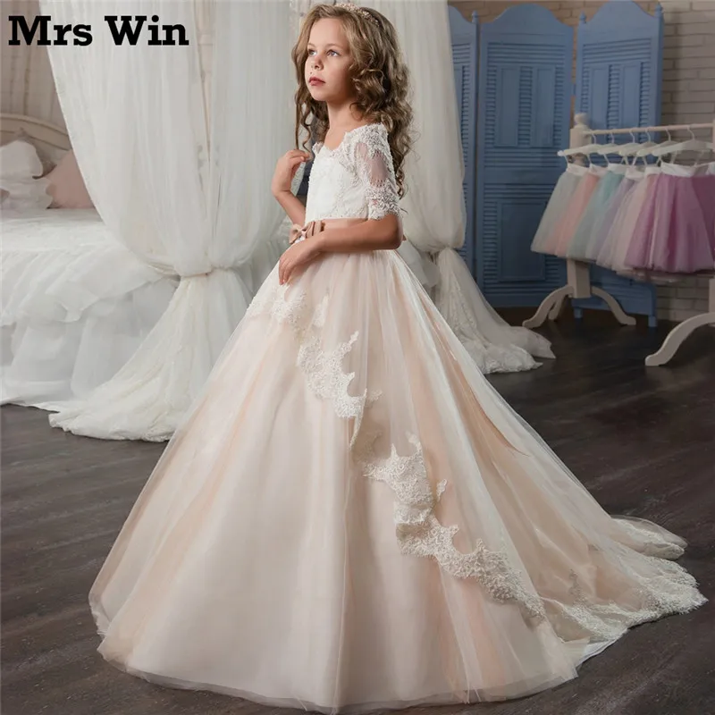 Holy Communion Dress with Lace Half Sleeves Sash Champagne Tulle Ball Gown 2017 for Girls Custom Made | Свадьбы и торжества